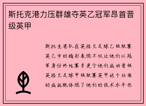 斯托克港力压群雄夺英乙冠军昂首晋级英甲