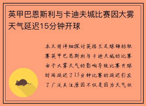英甲巴恩斯利与卡迪夫城比赛因大雾天气延迟15分钟开球